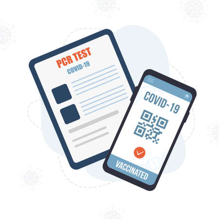 QR code with vaccine passport. Electronic results on smartphone screen. PCR test. Check of safety from covid-19. New normal for travel. Vector illustration in flat cartoon styleのイラスト素材