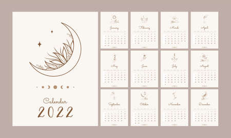 Magic calendar 2022. Template with hands and celestial elements. Abstract aesthetic vector illustration in boho styleのイラスト素材