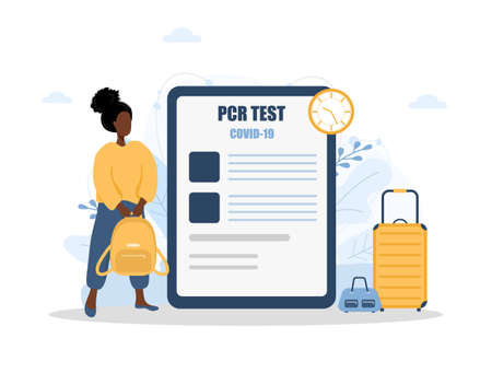 Woman with PCR test. New normal for travel. Healthy african girl with bagpack ready to fly. Covid-19 test negative result certificate. Vector illustration in flat cartoon styleのイラスト素材