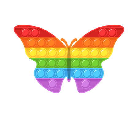 Pop it fidget. Trendy sensory plaything. Butterfly shaped antistress children game. Colorful hand toy with push bubbles. Vector illustration in flat cartoon styleのイラスト素材