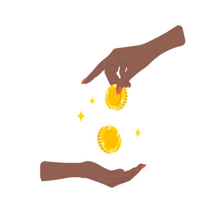 Transfer money. African female hand giving golden coins. Donation, charity or payday concept. Financial symbol. Banking or business services. Vector illustration in flat cartoon styleのイラスト素材