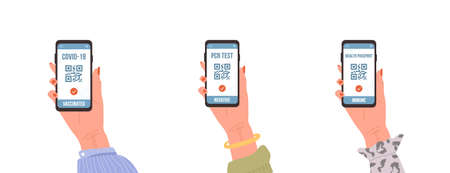 QR code with PCR test, vaccine and health passport. Check of safety from covid-19. Female hand...