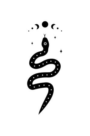 Magic snake in boho style with moon. Mystical symbol in a trendy minimalist style. Esoteric vector illustrationのイラスト素材