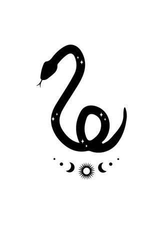 Magic snake in boho style with moon. Mystical symbol in a trendy minimalist style. Esoteric vector...