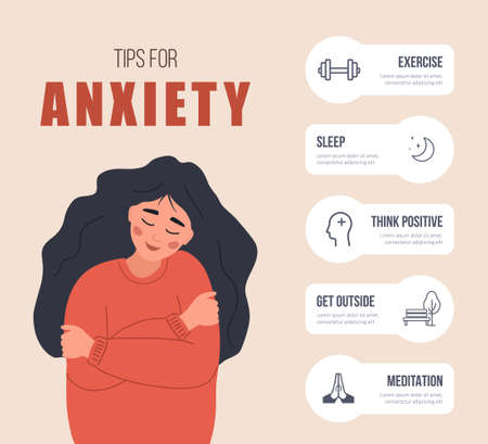 Tips for anxiety. Happy woman hugging herself. Mental health concept. Infographic of psychology help. Mood disorder. Vector illustration in flat cartoon styleのイラスト素材