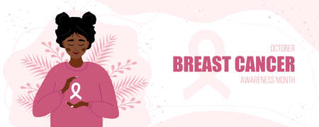 Breast cancer awareness month banner. Happy african woman with ribbon. Annual international health campaign. Vector illustration in flat cartoon styleのイラスト素材