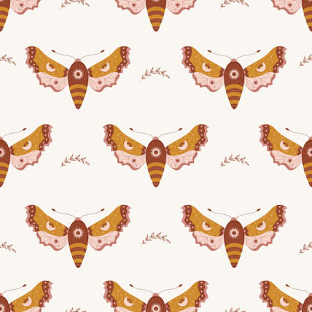 Seamless pattern with boho moth. Insect with celestial elements. Witch and magic symbol for textile, fabric, prints. Abstract hand drawn vector illustration in bohemian styleのイラスト素材