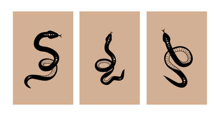 Magic snake in boho style with moon. Collection of mystical symbol in a trendy minimalist style....