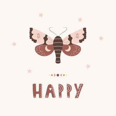 Butterfly boho poster. Insect with celestial elements. Scandinavian design for children wallpaper and home decor. Cute pastel vector illustration in cartoon styleのイラスト素材
