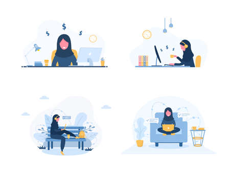 Work from home. Set of women freelancer. Concept illustration for online working, studying, shopping, education. Girls with laptops chatting and blogging. Vector illustration in flat cartoon styleのイラスト素材
