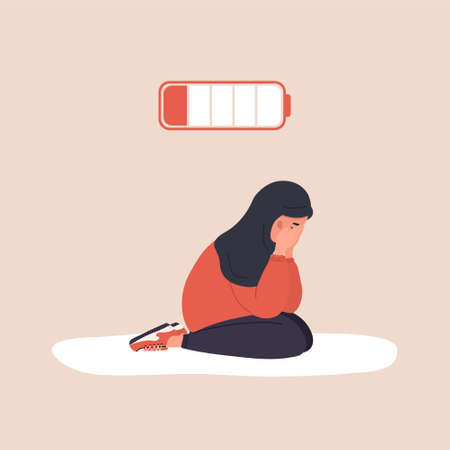 Professional burnout. Exhausted arab girl with low battery sitting on floor and crying. Mental health problem. Deadline, stress and fatigue concept. Vector illustration in flat cartoon styleのイラスト素材