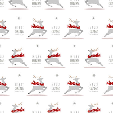 Christmas pattern with reindeers. Cute deers with antlers and scarves. Winter print. New Year seamless background. Vector illustration in flat cartoon styleのイラスト素材