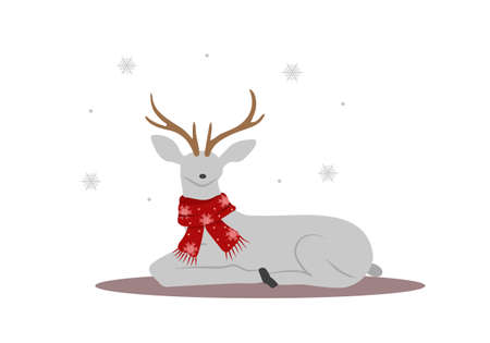 Christmas reindeer in scarf. Cute deer with antlers. Winter design element. Vector illustration in flat cartoon styleのイラスト素材