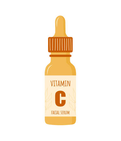 Vitamin C serum. Moisturizing essence. Fruit acid for face. Natural skin care product. Morning routine. Hand drawn organic product. Vector illustration in flat cartoon styleのイラスト素材