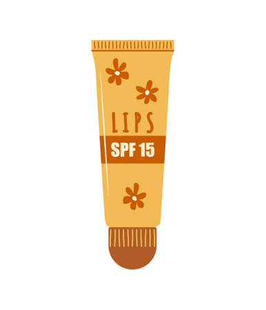 Sunscreen tube. Sunblock moisturizer lotion. Lips cream with SPF. Protection for skin from solar ultraviolet light. Hand drawn summer cosmetic. Vector illustration in flat cartoon styleのイラスト素材