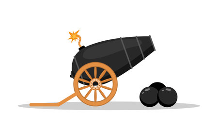 Pirate cannon with cannonballs. Piracy icon isolated on white background. Vector illustration in flat cartoon styleのイラスト素材