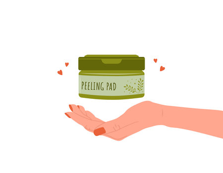 Skin care concept. Female hand holds tube of peeling pads. Morning routine. Face cleansing and moisturizer. Hand drawn beauty product. Vector illustration in flat cartoon styleのイラスト素材
