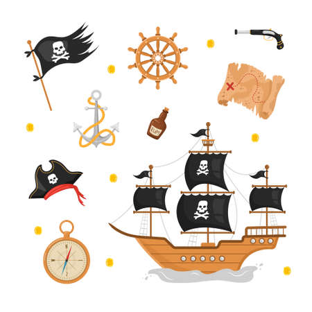 Bundle of pirate items. Ship, flag, hat, map, anchor, compass. Piracy collection isolated on white background. Childish vector illustration in flat cartoon styleのイラスト素材