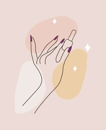 Vector logotype design for nail art studio. Modern design for manicure and pedicure salon beauty and spa center. Linear icon isolated on pink watercolor backgroundのイラスト素材