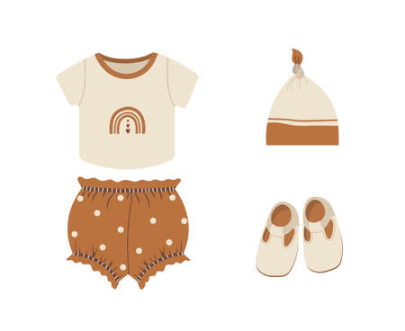 Baby boho clothes. Cute boy wardrobe. Kids scandinavian outfit. Vector illustration in flat cartoon style. Vintage wear for children.のイラスト素材