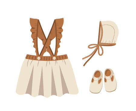 Baby boho clothes. Cute little girl wardrobe. Kids scandinavian outfit. Vector illustration in flat cartoon style. Vintage wear for childrenのイラスト素材