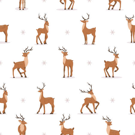 Cute seamless pattern with noble sika deer. Reindeers with antlers in different poses. Ruminant mammal animal. Vector illustration in flat cartoon styleのイラスト素材