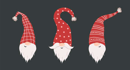 Cute gnomes faces in santa hats on black background. Scandinavian christmas elves. Vector illustration in flat cartoon style. Nordic element design for greeting cards, season greetings, web, wrapperのイラスト素材