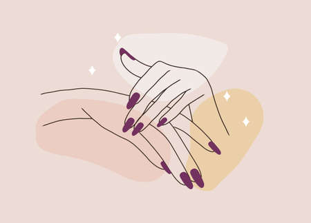 Female manicured hands. Lady painting, polishing nails. Nail polish. Vector Illustration of Elegant female hands in a trendy minimalist style. Beauty logo for nail studio or spa salonのイラスト素材