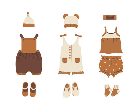 Baby clothes collection. Boho outfit. Cute little boy or girl wardrobe. Vector illustration in flat cartoon style. Accessories for newbornのイラスト素材