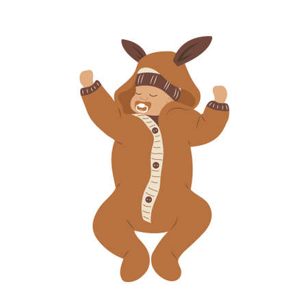 Boho sleeping baby. Healthy sleep concept. Cute newborn with pacifier in scandinavian rumper. Vector illustration in flat cartoon styleのイラスト素材