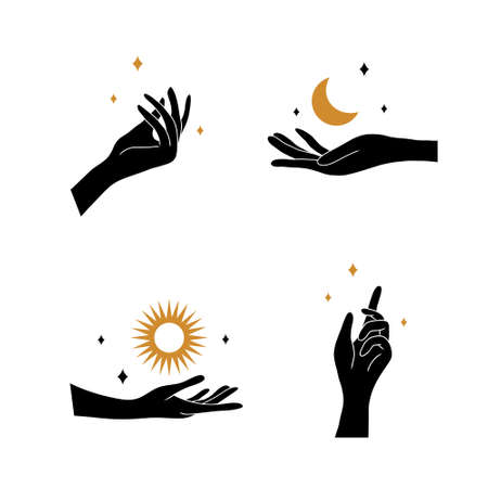 Boho hand with moon and sun. Collection of bohemian aesthetic design logos. Alchemy esoteric talismans. Vector illustration in minimalist styleのイラスト素材