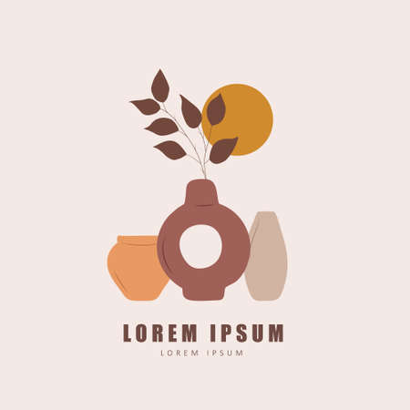 Poster with vases in boho style. Abstract silhouette of ceramic pots and clay jugs in pastel colors. Modern home wall decor. Hand drawn vector illustrationのイラスト素材
