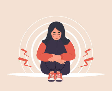 Menstrual pain. Sad arab woman in hijab with abdominal cramps or pms symptoms. Female critical day problems. Vector illustration in flat cartoon styleのイラスト素材