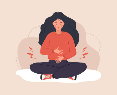 Menstrual pain. Sad woman with abdominal cramps or pms symptoms. Female critical day problems. Vector illustration in flat cartoon styleのイラスト素材