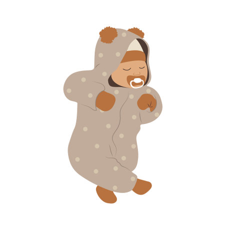 Boho sleeping baby. Healthy sleep concept. Cute newborn with pacifier in scandinavian rumper. Vector illustration in flat cartoon styleのイラスト素材