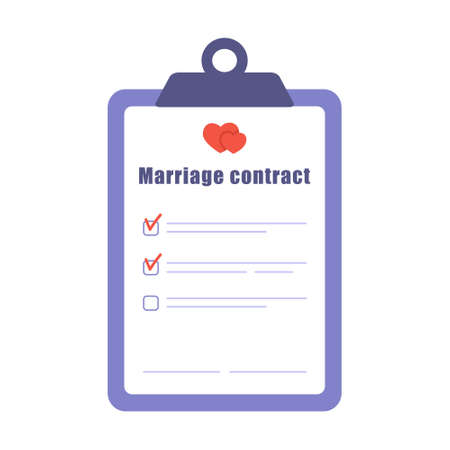 Marriage contract icon. Prenuptial agreement document. Couple divorce concept. Prenup wedding certificate. Vector illustration in flat cartoon styleのイラスト素材