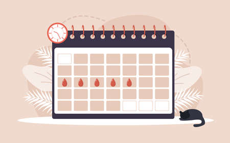 Woman period. Menstruation calendar shedule. Female critical day problems. Vector illustration in flat cartoon styleのイラスト素材