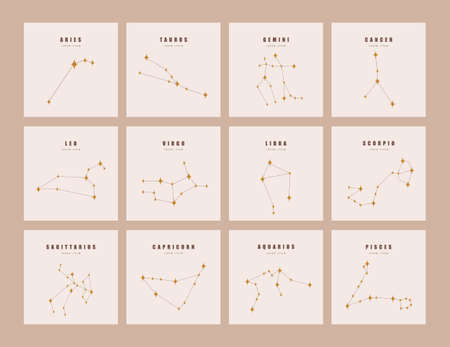 Set of zodiac constellations. Horoscope vector illustration in boho style. Mystery and esoteric. Spiritual tarot poster. Magic occult and astrology cardsのイラスト素材