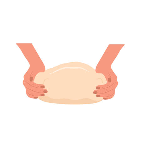 Kneading dough hands. Woman prepares homemade bread. Top view. Cooking school. Stay home and cook healthy food by recipe. Vector illustration in flat cartoon styleのイラスト素材