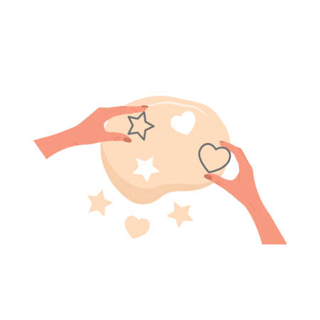 Kneading dough hands. Woman prepares homemade cookies. Top view. Cooking school. Stay home and cook healthy food by recipe. Vector illustration in flat cartoon styleのイラスト素材