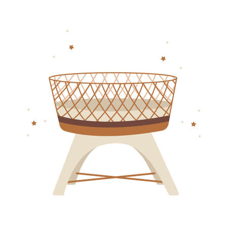 Boho baby cradle. Hand drawn scandinavian wooden cot for newborn isolated on white background. Vector illustration in flat cartoon styleのイラスト素材