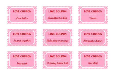 Coupon book for Valentines day. Love night tickets. Best gift for boyfriend. Present for couples. Vector cards templates in cartoon styleのイラスト素材