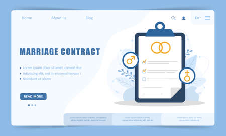 Marriage contract. Prenuptial agreement document. Couple divorce concept. Prenup wedding certificate. Vector illustration in flat cartoon styleのイラスト素材