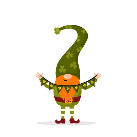 St. Patrick day gnome. Cute leprechaun with garland. Vector illustration in flat cartoon style. Hand drawn element for irish holidayのイラスト素材