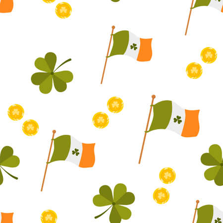 St. Patrick day seamless pattern with flag. Cute festive background for irish holiday. Vector illustration in flat cartoon style. Perfect for fabric, package paper, wallpaper, greeting cardsのイラスト素材
