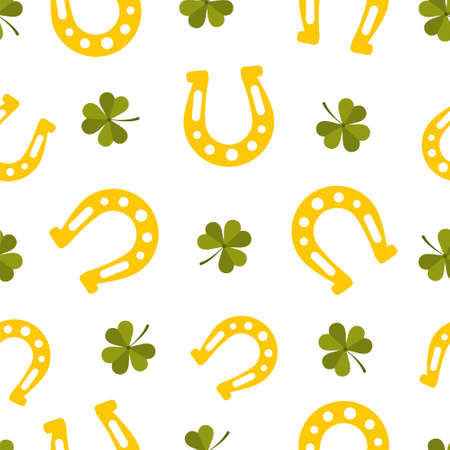 St. Patrick day seamless pattern with horseshoe. Cute festive background for irish holiday. Vector illustration in flat cartoon style. Perfect for fabric, package paper, wallpaper, greeting cardsのイラスト素材