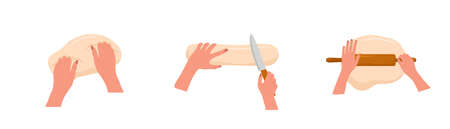 Kneading dough hands. Woman rolls homemade dough with rolling pin. Top view. Cooking school. Stay home and cook healthy food by recipe. Vector illustration in flat cartoon styleのイラスト素材