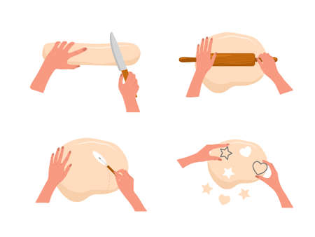Kneading dough hands. Woman preparing homemade bakery or cookies. Top view. Stay home and cook...