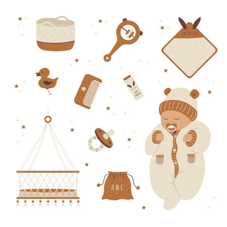 Scandinavian baby care elements. Boho sleeping newborn. Vintage wooden toys for children. Great for baby shower, invitation and home decor. Vector illustration in flat cartoon styleのイラスト素材