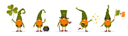 St. Patrick day gnomes. Cute leprechauns with festive elements. Vector illustration in flat cartoon style. Hand drawn dwarves for irish holidayのイラスト素材